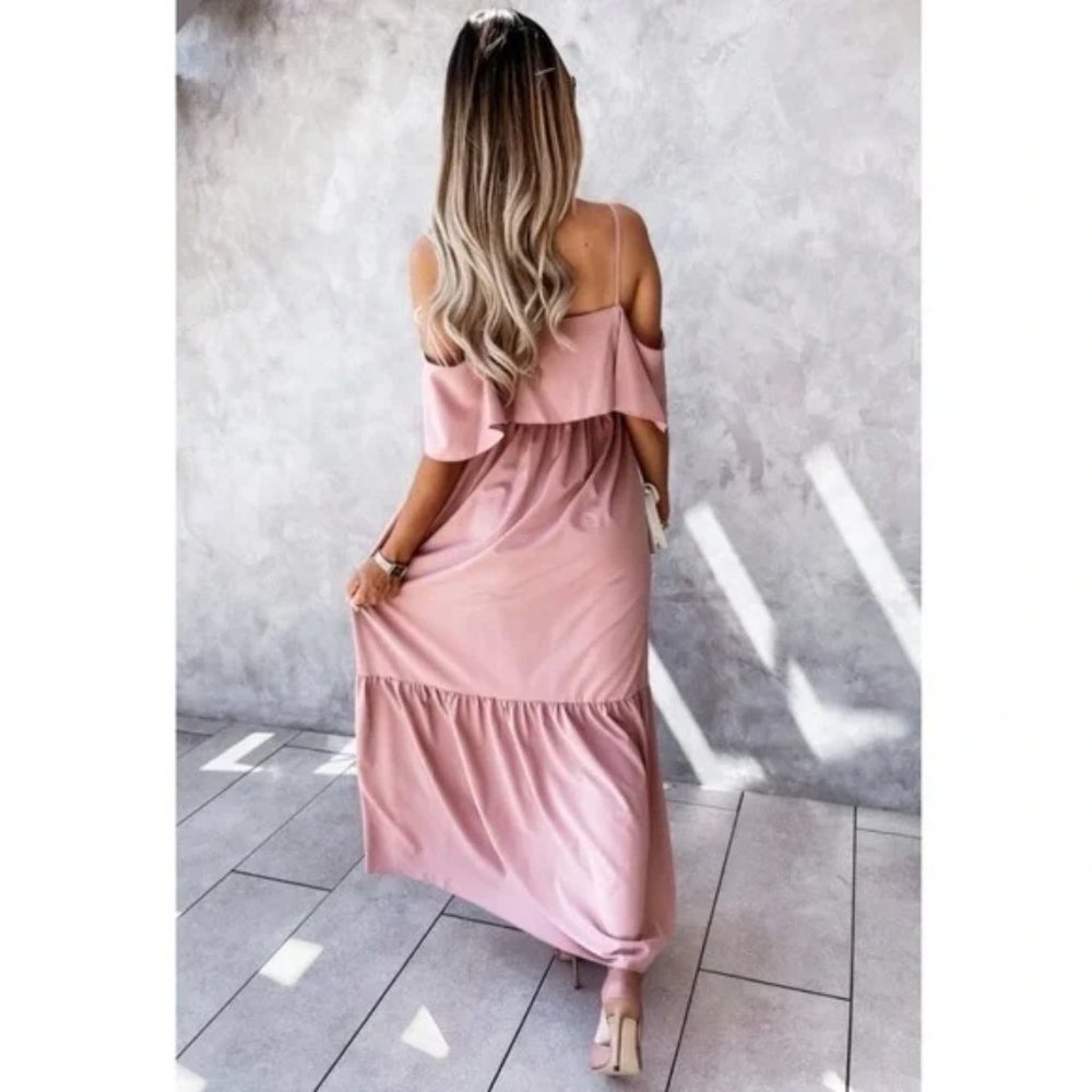 Pink Cold Shoulder Short Sleeve Tiered Long Flowy Maxi Dress - Picture 3 of 7